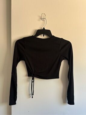 Nasty Gal Black Ribbed Long-Sleeve Cropped Drawstring Top